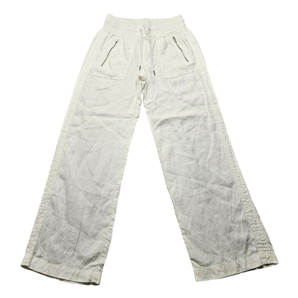 Athleta Cabo Linen‎ Wide Leg Pants Womens 6 Off White Smocked Waist Drawstring